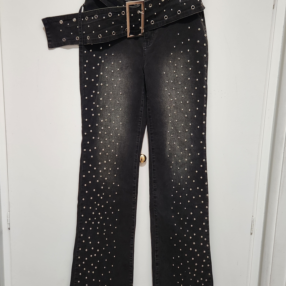 Fashion Nova Black Studded Flare Jeans